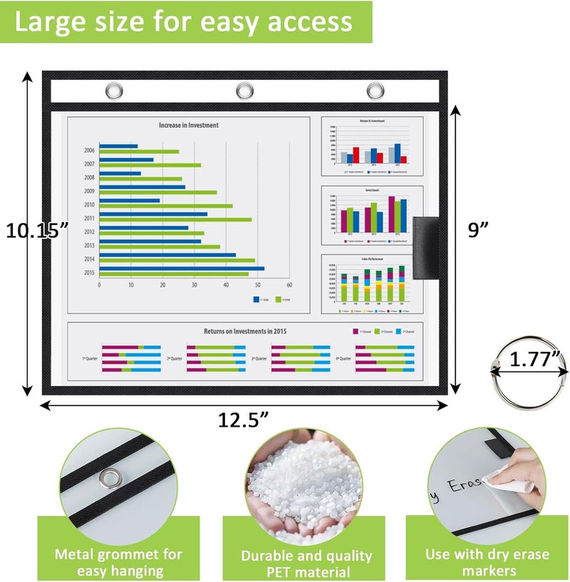suituts 12 Pack Horizontal Job Ticket Holders with 3 Rings Fit for 8.5 x 11 Inch Work Order Plastic Sleeves for Documents 10 x 12.5 Dry Erase Pockets Reusable (Black) - Image 2